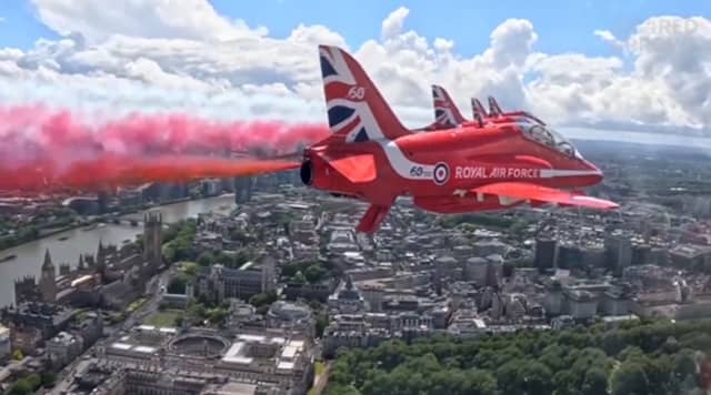 Red Arrows’ pilot’s view of RAF flypast at Trooping the Colour.